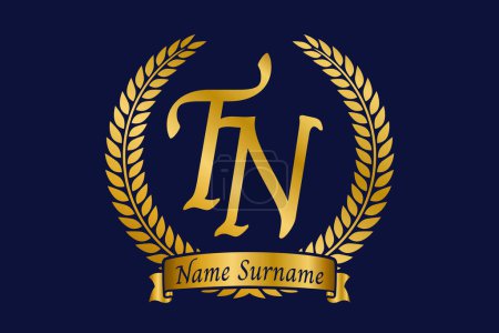 Initial letter T and N, TN monogram logo design with laurel wreath. Luxury golden emblem with calligraphy font.