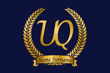 Initial letter U and Q, UQ monogram logo design with laurel wreath. Luxury golden emblem with calligraphy font.
