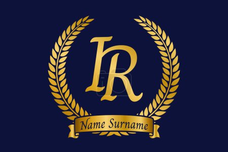 Lettre initiale I et R, logo monogramme IR avec couronne de laurier. Emblème doré de luxe avec police de calligraphie.