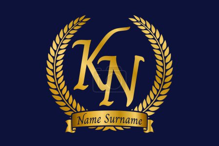 Letra inicial K y N, diseño del logotipo del monograma KN con corona de laurel. Lujo emblema dorado con fuente calligraphy.