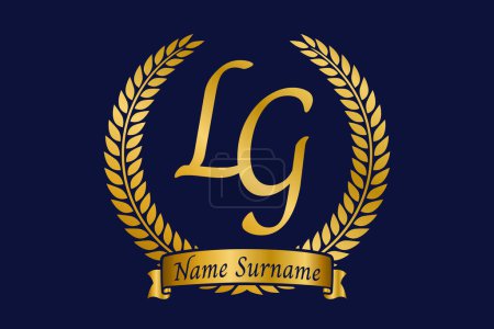 Anfangsbuchstaben L und G, Monogramm-Logo von LG mit Lorbeerkranz. Luxuriöses goldenes Emblem mit Kalligrafie-Schrift.