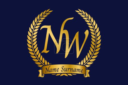 Initial letter N and W, NW monogram logo design with laurel wreath. Luxury golden emblem with calligraphy font.