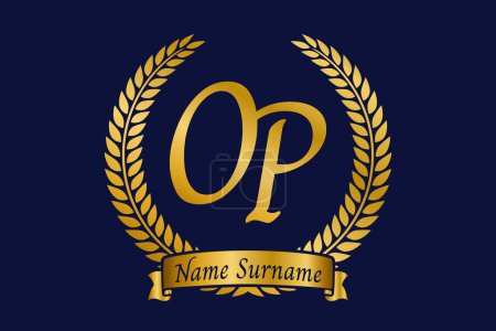 Initial letter O and P, OP monogram logo design with laurel wreath. Luxury golden emblem with calligraphy font.