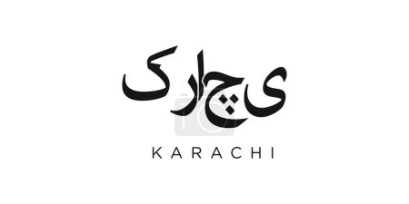 Téléchargez les illustrations : Karachi dans l'emblème pakistanais pour l'impression et le web. Design dispose d'un style géométrique, illustration vectorielle avec typographie en gras dans la police moderne. Lettrage slogan graphique isolé sur fond blanc. - en licence libre de droit