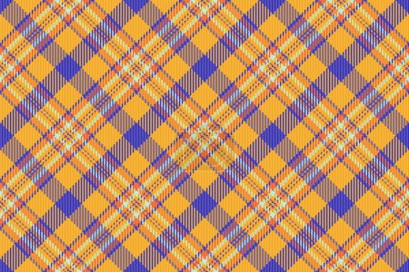Textile vector plaid of background seamless pattern with a tartan check texture fabric in amber and indigo colors.