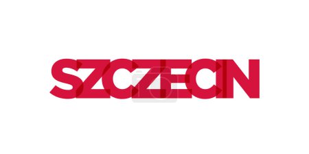 Szczecin en el emblema de Polonia para imprimir y web. El diseño presenta un estilo geométrico, ilustración vectorial con tipografía en negrita en fuente moderna. Letras de eslogan gráfico aisladas sobre fondo blanco.
