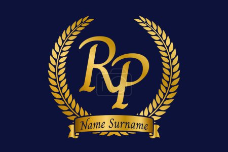 Initial letter R and P, RP monogram logo design with laurel wreath. Luxury golden emblem with calligraphy font.