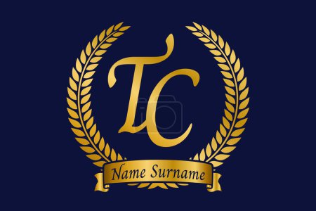 Letra inicial T y C, diseño del logotipo del monograma TC con corona de laurel. Lujo emblema dorado con fuente calligraphy.