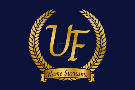 Initial letter U and F, UF monogram logo design with laurel wreath. Luxury golden emblem with calligraphy font.