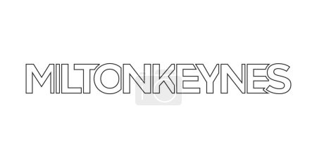 Milton Keynes city in the United Kingdom design features a geometric style vector illustration with bold typography in a modern font on white background.