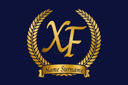 Letra inicial X y F, diseño del logotipo del monograma XF con corona de laurel. Lujo emblema dorado con fuente calligraphy.