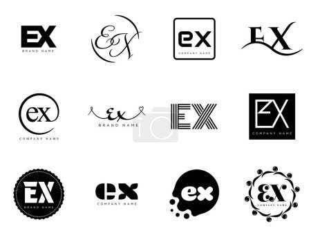 EX logo company template. Letter e and x logotype. Set different classic serif lettering and modern bold text with design elements. Initial font typography.