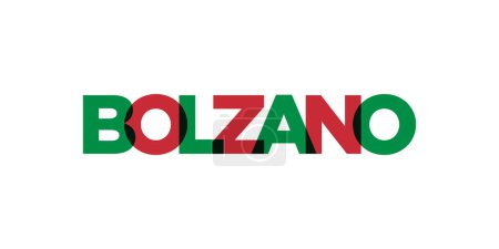Bolzano en el emblema de Italia para la impresión y la web. El diseño presenta un estilo geométrico, ilustración vectorial con tipografía en negrita en fuente moderna. Letras de eslogan gráfico aisladas sobre fondo blanco.