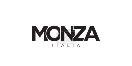 Ilustración de Monza en el emblema de Italia para la impresión y la web. El diseño presenta un estilo geométrico, ilustración vectorial con tipografía en negrita en fuente moderna. Letras de eslogan gráfico aisladas sobre fondo blanco. - Imagen libre de derechos