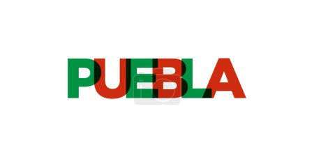 Ilustración de Puebla en el emblema de México para impresión y web. El diseño presenta un estilo geométrico, ilustración vectorial con tipografía en negrita en fuente moderna. Letras de eslogan gráfico aisladas sobre fondo blanco. - Imagen libre de derechos