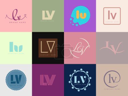 Plantilla de empresa de logotipo LV. Letra l y v logotipo. Establezca diferentes letras serif clásicas y texto moderno en negrita con elementos de diseño. Initial fuente typography.