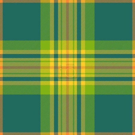 Ilustración de Textura vectorial sin costuras de tela a cuadros con un fondo de patrón de tartán textil en color verde azulado y amarillo. - Imagen libre de derechos
