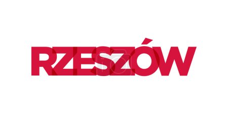Rzeszow en el emblema de Polonia para imprimir y web. El diseño presenta un estilo geométrico, ilustración vectorial con tipografía en negrita en fuente moderna. Letras de eslogan gráfico aisladas sobre fondo blanco.