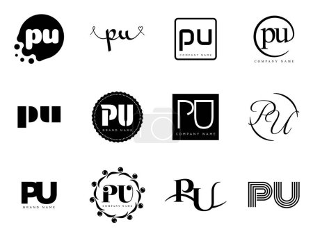 PU logo company template. Letter p and u logotype. Set different classic serif lettering and modern bold text with design elements. Initial font typography.