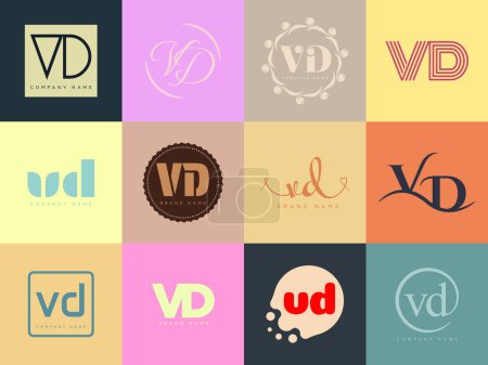 VD logo company template. Letter v and d logotype. Set different classic serif lettering and modern bold text with design elements. Initial font typography.