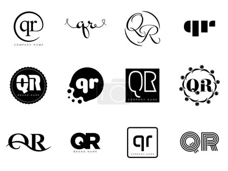 QR logo company template. Letter q and r logotype. Set different classic serif lettering and modern bold text with design elements. Initial font typography.