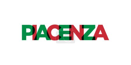 Piacenza en el emblema de Italia para la impresión y la web. El diseño presenta un estilo geométrico, ilustración vectorial con tipografía en negrita en fuente moderna. Letras de eslogan gráfico aisladas sobre fondo blanco.
