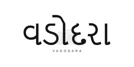 Vadodara im indischen Emblem für Print und Web. Design mit geometrischem Stil, Vektorillustration mit kühner Typografie in moderner Schrift. Grafischer Slogan Schriftzug isoliert auf weißem Hintergrund.
