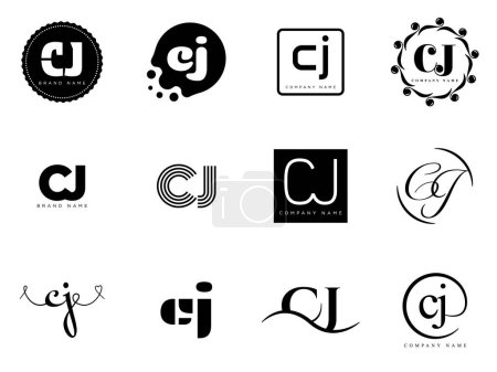 CJ logo company template. Letter c and j logotype. Set different classic serif lettering and modern bold text with design elements. Initial font typography.