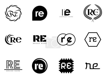 Vorlage für das RE-Logo des Unternehmens. Buchstabe r und e-Logotyp. Setzen Sie verschiedene klassische Serifen-Schriftzüge und modernen fetten Text mit Gestaltungselementen. Schrifttypografie.