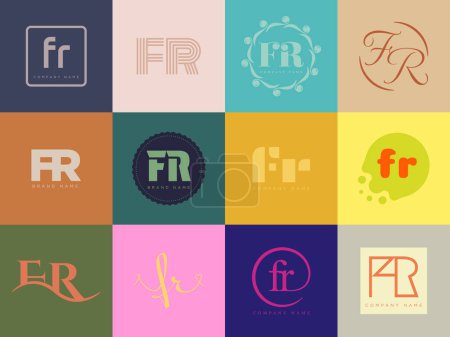 FR logo company template. Letter f and r logotype. Set different classic serif lettering and modern bold text with design elements. Initial font typography.