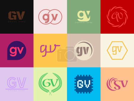 Plantilla de empresa de logotipo GV. Letra g y v logotipo. Establezca diferentes letras serif clásicas y texto moderno en negrita con elementos de diseño. Initial fuente typography.
