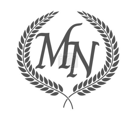 Initial letter M and N, MN monogram logo design with laurel wreath. Luxury emblem with calligraphy font.