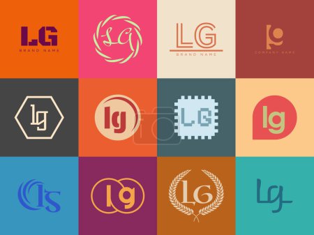 Vorlage für das LG-Logo. Buchstabe l und g Schriftzug. Setzen Sie verschiedene klassische Serifen-Schriftzüge und modernen fetten Text mit Gestaltungselementen. Schrifttypografie.