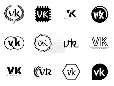 VK logo company template. Letter v and k logotype. Set different classic serif lettering and modern bold text with design elements. Initial font typography.