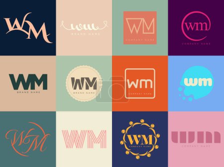 WM logo company template. Letter w and m logotype. Set different classic serif lettering and modern bold text with design elements. Initial font typography.