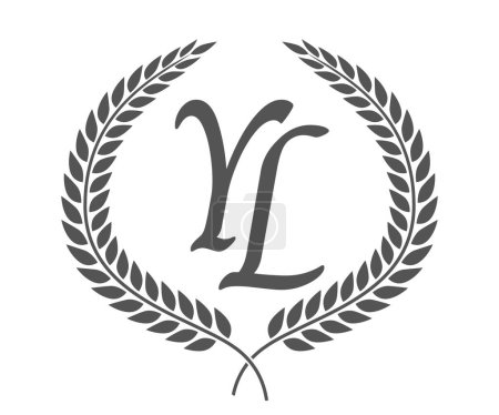 Initial letter Y and L, YL monogram logo design with laurel wreath. Luxury emblem with calligraphy font.