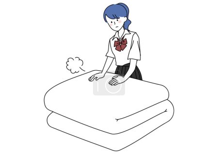 Illustration for Clip art of high school girl folding a futon - Royalty Free Image