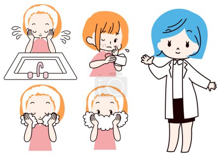 Ilustración de Conjunto de ilustraciones de una mujer lavándose la cara y un médico - Imagen libre de derechos