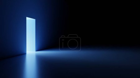Photo for Blue light comes from open doors into a dark empty room. Abstract dark blue background from simple geometric shapes. 3D rendering. - Royalty Free Image