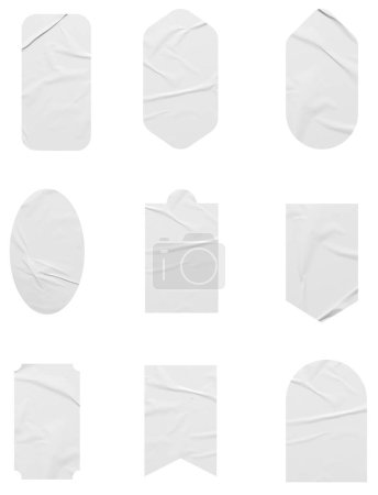 Foto de Pegatinas blancas maqueta. Etiquetas en blanco de diferentes formas, emblemas de papel arrugado círculo. Copiar espacio. Pegatinas o parches para etiquetas de vista previa, etiquetas - Imagen libre de derechos