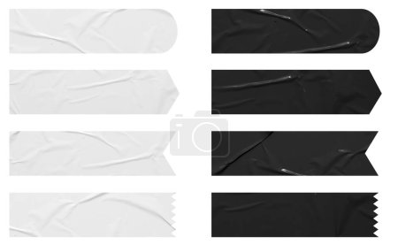Ensemble de bannière noir et blanc autocollants mock up. Étiquettes vierges étiquettes de formes différentes, isolées sur fond blanc avec chemin de coupe
