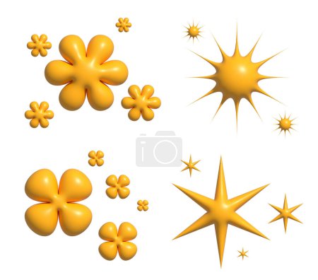 Foto de 3D estrellas amarillas brillan fuegos artificiales, decoración brillo, destello brillante. Estrellas y estallidos de efecto de luz brillante, aislados sobre fondo blanco con trayectoria de recorte para el trabajo de diseño - Imagen libre de derechos