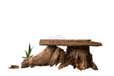 Foto de Estilo minimalista de la presentación del podio de la exhibición del producto de madera vieja, aislado en fondo blanco con trayectoria del recorte para el trabajo de diseño - Imagen libre de derechos