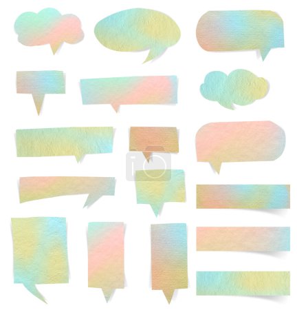 Photo for Set of speech bubbles paper pastel colors stickers mock up. Blank tags labels of different shapes, isolated on white background with clipping path - Royalty Free Image