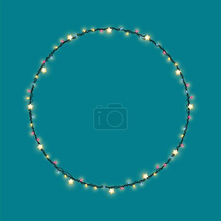 Photo for Christmas lights string circle shape on blue background - Royalty Free Image