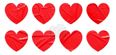 Foto de Set of red heart shapes stickers mock up blank tags labels, isolated on white background with clipping path - Imagen libre de derechos