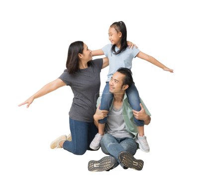 Photo for Happy smiling young asian family with neck playing sitting on floor and have a fun time together, Full body isolated on pastel plain light blue background - Royalty Free Image