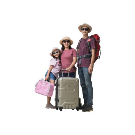 Photo for Family Travel Concept, Full body Happy asian family vacation, Father, mother and little daughter carrying suitcases ready for vacation trip, isolated on white background with clipping path - Royalty Free Image