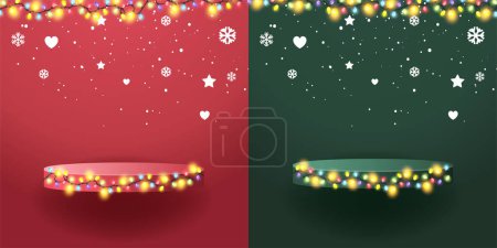 Illustration for Vector Merry Christmas with podium exhibit displays award ceremony,  shelf product presentation with Christmas lights Colorful Xmas garland glow light bulbs on wire strings - Royalty Free Image