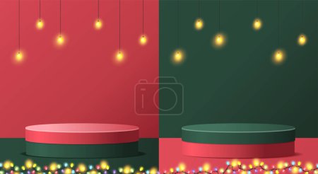 Illustration for Vector Merry Christmas with podium exhibit displays award ceremony,  shelf product presentation with Christmas lights Colorful Xmas garland glow light bulbs on wire strings - Royalty Free Image